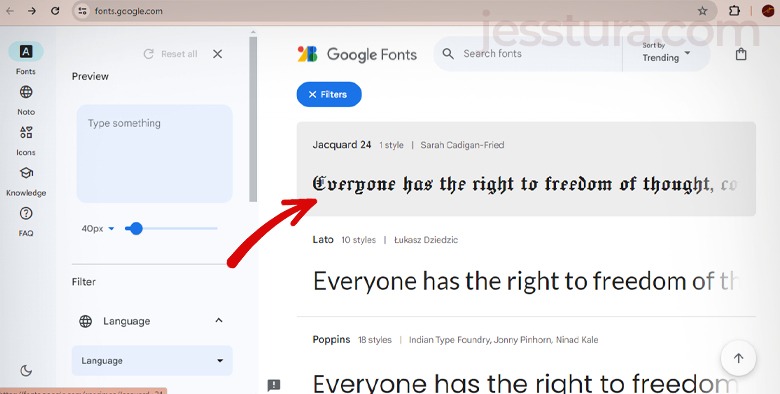 Fonts in Google Fonts website